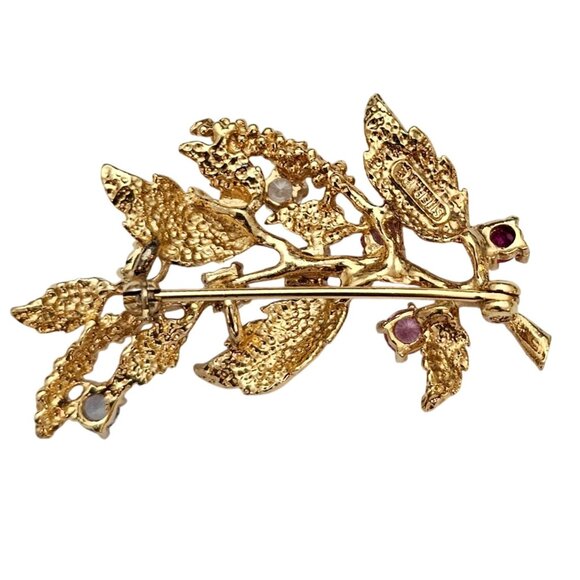 Vermeil Sterling Leaf Branch Brooch Multi Color Gem Lab Stone Pin C668 - Picture 7 of 9